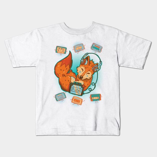 Cute fox tape deck music Kids T-Shirt by Norse Dog Studio